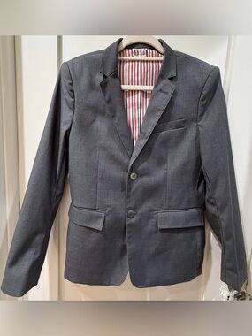 Thom Browne Gray Two-Button Blazer Striped Lining and Mother of Pearl Buttons